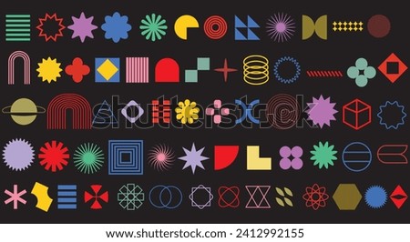 set of 63 Brutalist abstract geometric y2k shapes and grids. Brutal contemporary figure star oval spiral flower and other primitive elements. Swiss design aesthetic. Bauhaus Memphis icon design.