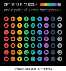 Set of 63 Flat Icons and a Pallet of 9 Color Circular Background on a Black Background