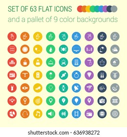 Set of 63 Mix Flat Icons and a Pallet of 9 Color Backgrounds