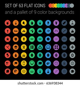 Set of 63 Mix Flat Icons and a Pallet of 9 Color Backgrounds on Black Background