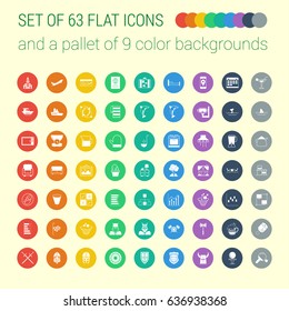 Set of 63 Mix Flat Icons and a Pallet of 9 Color Backgrounds