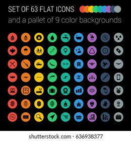 Set of 63 Mix Flat Icons and a Pallet of 9 Color Backgrounds on Black Background