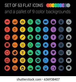 Set of 63 Mix Flat Icons and a Pallet of 9 Color Backgrounds on Black Background