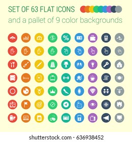 Set of 63 Mix Flat Icons and a Pallet of 9 Color Backgrounds