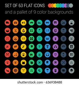 Set of 63 Mix Flat Icons and a Pallet of 9 Color Backgrounds on Black Background