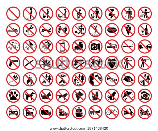 Set of 63 prohibition signs.\
Different types of prohibition signs related to the use of toilets,\
public buildings and institutions, hotels and nature\
parks.