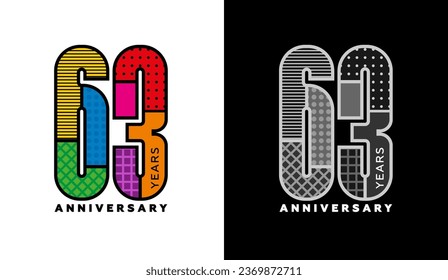 Set of 63rd anniversary logos, sixty-third birthday, colorful logo for celebration event, invitation, congratulations, web template, flyer and booklet, retro symbol