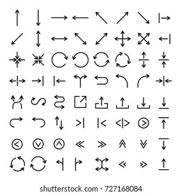 Set of 64 arrow thin line icons. High quality pictograms of direction. Modern outline style icons collection. Recycle, forward, backward, next, traffic, etc.