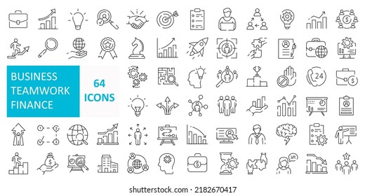 Set of 64 business teamwork finance icons, team building, work group and human resources. Outline icons collection. Line style - vector illustration