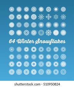 Set of 64 Snowflakes on blue background 
