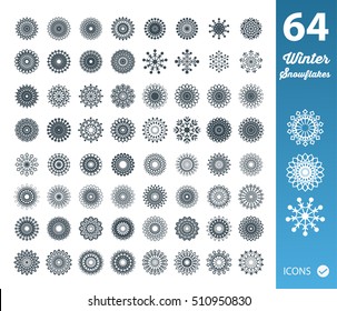 Set of 64 Snowflakes on white background 