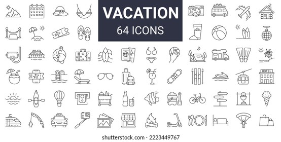 Set of 64 vacation, travelling, recreation, adventure icon set. Editable stroke. 