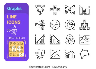 Set 64px graphs simple lines icons of finance diagram, schemes. Concept collection modern symbols for data management, internet, ad, web. Pixel perfect. Vector illustration.