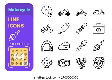 Set 64px motorcycle simple lines icons of motorbike and equipment. Concept collection modern symbols for vehicle drivers, internet, ad, web. Pixel perfect. Vector illustration.