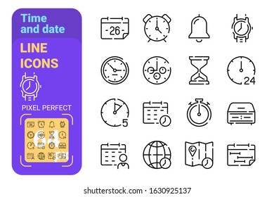 Set 64px time and date simple lines icons. Concept collection modern symbols for clock and calendar, internet, ad, web. Pixel perfect. Vector illustration.