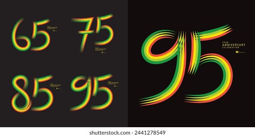 Set of 65 to 95 years Anniversary logotype design, 65, 75, 85, 95 number design, anniversary template, anniversary vector design elements for invitation card, poster, flyer, colorful line vector