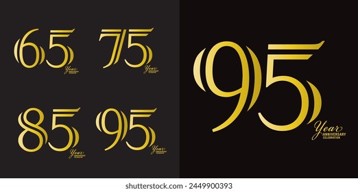 Set of 65 to 95 years Anniversary logotype design, 65, 75, 85, 95 number design, anniversary template, anniversary vector design elements for invitation card, poster, flyer, Gold color vector svg