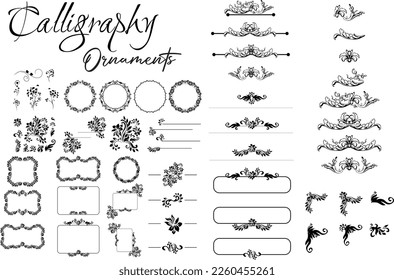 Set of 65 Calligraphic Ornate Design Elements, Swirl frame border calligraphy ornament stroke hand drawn doodle. Vintage and filigree decoration. Ornate frames, scroll swirls element.