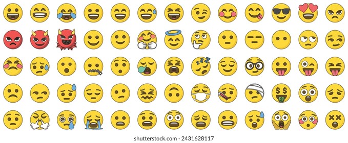 Set of 65 emoticon smile icons, outline color style.