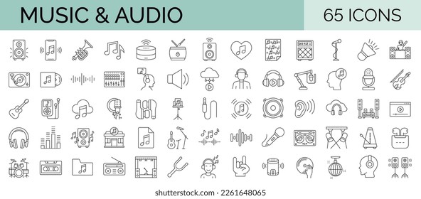 Set of 65 line editable stroke icons related to music, audio, instruments, sound. Vector illustration. Outline icon collection