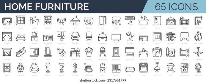 Set of 65 line icons related to home furniture, appliance, decoration. Editable stroke. Outline icon collection. Vector illustration