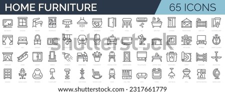 Set of 65 line icons related to home furniture, appliance, decoration. Editable stroke. Outline icon collection. Vector illustration