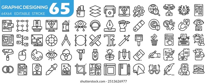 set of 65 outline web graphic design icons such as draw, color, layer, up, crop, brush, pen, laptop vector thin line icons for web design, mobile app.