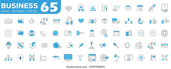 Set von 65 dünnen Linien Icons verwandt Team, Teamarbeit, Mitarbeiter, Zusammenarbeit. Lineare Business einfache Symbolsammlung. Vektorgrafik. Bearbeitbarer Strich