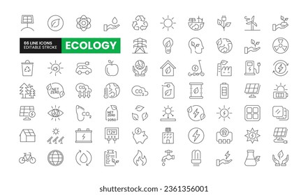 Set von 66 Ecology Line Icons. Ökologie umreißt Symbole mit bearbeitbarer Strichsammlung. Umfasst ESG, Recycling, Windkraftanlagen, Solarenergie, Netto-Null und mehr.