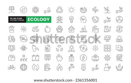 Set of 66 Ecology line icons set. Ecology outline icons with editable stroke collection. Includes ESG, Recycle, Wind Turbine, Solar Energy, Net Zero, and More.