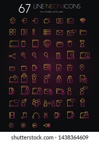 Set of 67 line neon icons for mobile and web. Simple, minimalist, modern icons in flat style. Colorful icons.  Neon light icons. Yellow and purple gradient. 