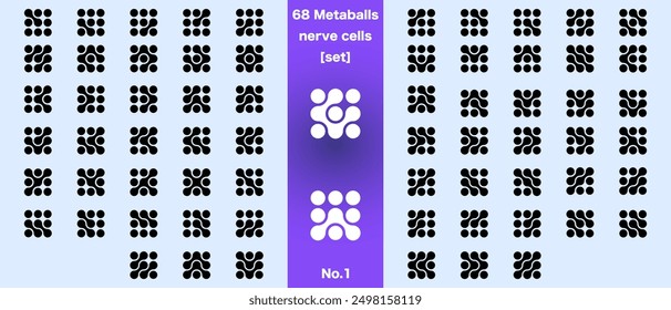 Conjunto de 68 puntos negros conectados. Metaballs de transición, símbolo de integración, patrón de círculos. Ilustración vectorial de bolas de morfo de mancha simple redonda metaball. Forma Abstractas. Puntos de células nerviosas, nano computadora