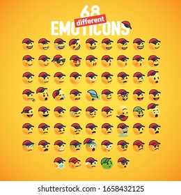 A set of 68 different emoticon with baseball hat, vector illustration