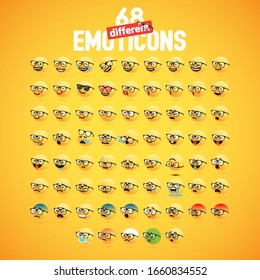 A set of 68 different emoticon with an eyeglass, vector illustration