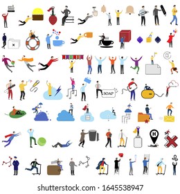 Conjunto de 68 personajes de dibujos planos e iconos sobre un fondo blanco. Diversos temas, deportes, medicina, tecnología, entretenimiento, finanzas, tecnología.