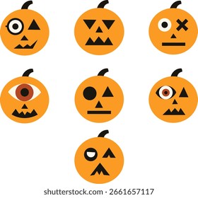 Set of 7 abstract jJack-O-Lantern faces in clean Bauhaus style. Minimal geometric design, perfect for Halloween stickers, posters, prints, packaging and modern spooky visuals.