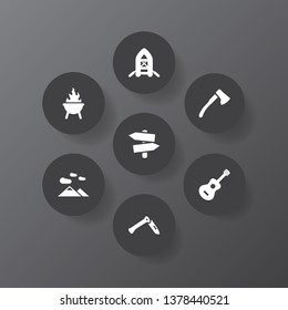 Set of 7 adventure icons set. Collection of guidepost, rubber boat, ax and other elements.