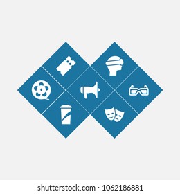 Set of 7 amusement icons set. Collection of bullhorn, soft drink, film role and other elements.