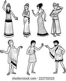 Set of 7 Ancient Greek tragedy drama characters cartoon figures