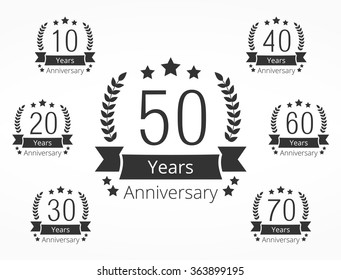 Set of 7 anniversary emblems, 10, 20, 30, 40, 50, 60 and 70 years, vector eps10 illustration