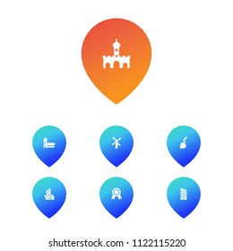 Set of 7 architecture icons set. Collection of windmill, quality, business center and other elements.