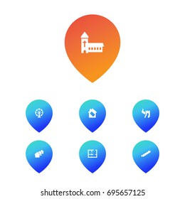 Set Of 7 Architecture Icons Set.Collection Of Blueprint, Catholic, Chinese Wall And Other Elements.