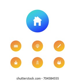 Set Of 7 Architecture Icons Set.Collection Of Fence, Ferris Wheel, Bedroom And Other Elements.