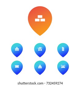 Set Of 7 Architecture Icons Set.Collection Of Hangar, Academy, Mosque And Other Elements.