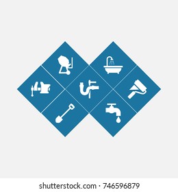 Set Of 7 Architecture Icons Set.Collection Of Paint Roller, Pipeline, Faucet And Other Elements.