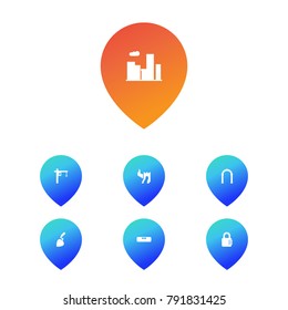 Set Of 7 Architecture Icons Set.Collection Of Water Scales, Chinese Wall, Lock And Other Elements.