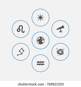 Set Of 7 Astronomy Icons Set.Collection Of Lion, Space, Solar And Other Elements.