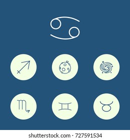 Set Of 7 Astronomy Outline Icons Set.Collection Of Moon, Taurus, Cancer And Other Elements.