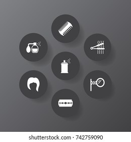 Set Of 7 Barber Icons Set.Collection Of Deodorant, Looking-Glass, Comb And Other Elements.