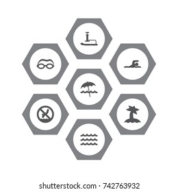 Set Of 7 Beach Icons Set. Collection Of Diver, Wave, Umbrella And Other Elements.